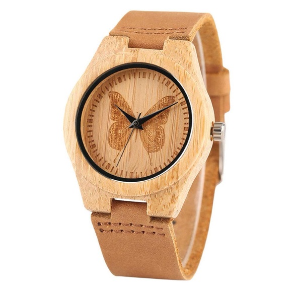 Natural Wood Watch with Butterfly Design - Picture 3 of 6